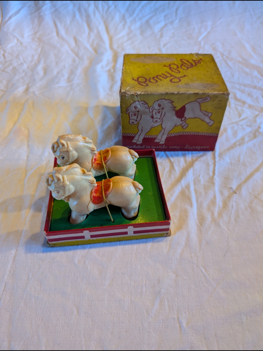 2/20$ Vintage White and Red Soap Pony  Figurines with Box